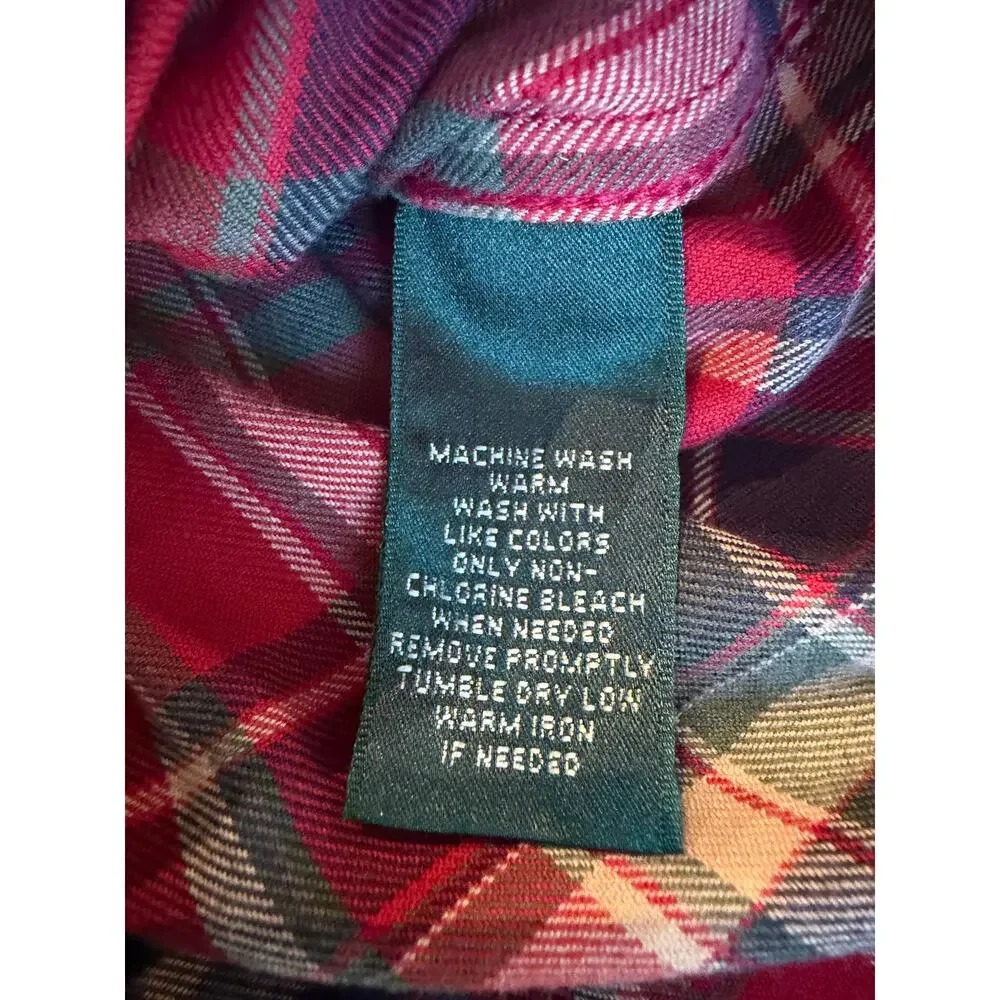 Lauren Ralph Lauren Red Blue Plaid 100% Cotton Flannel Shirt Womens XL Roll Tab